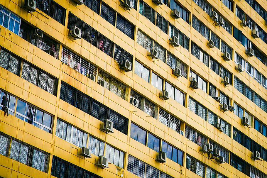 brown building with glass walls, architecture, yellow, infrastructure HD wallpaper