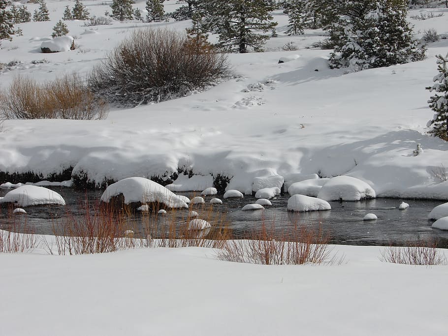 river, snow, mountains, beautiful, cold, winter, scenic, view HD wallpaper