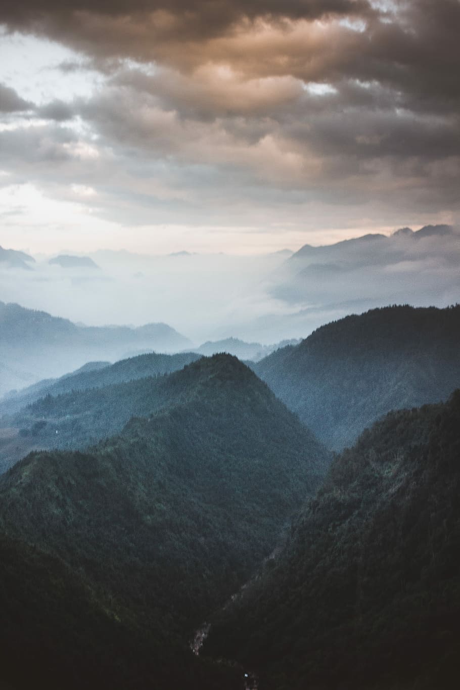 bird's-eye view photography of mountain valley with clouds, fog covered mountains HD wallpaper