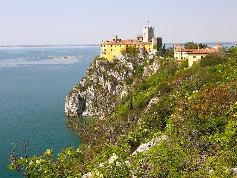 italy, duino, rilkeweg, castle, water, sea, built structure HD wallpaper