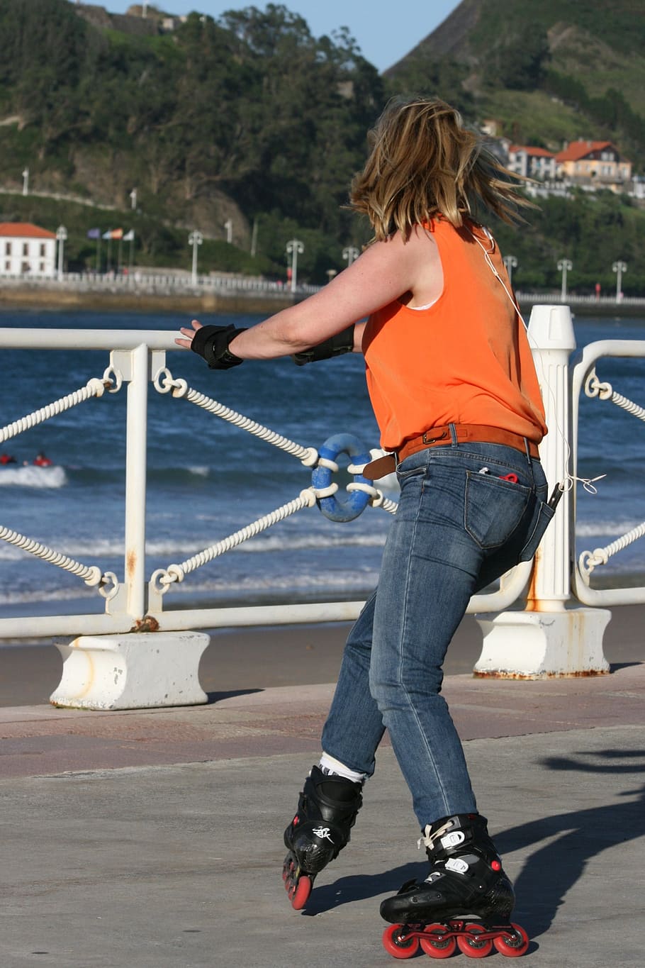 inline, dynamic, skating, skate, roller, summer, sea, orange HD wallpaper