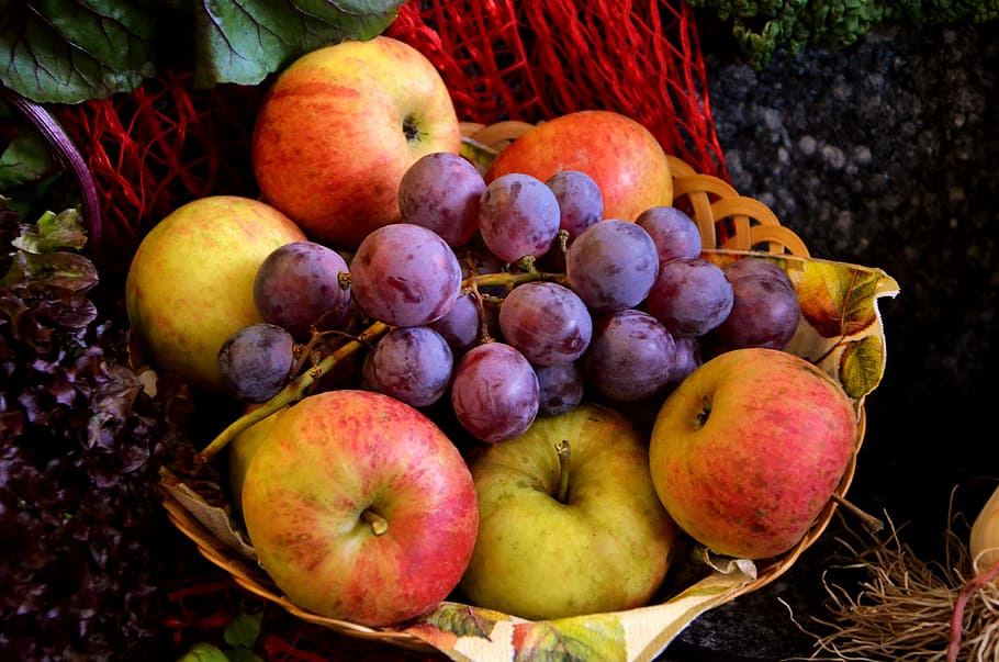 variety of fruits on brown basket, fruit basket, grapes, apple HD wallpaper