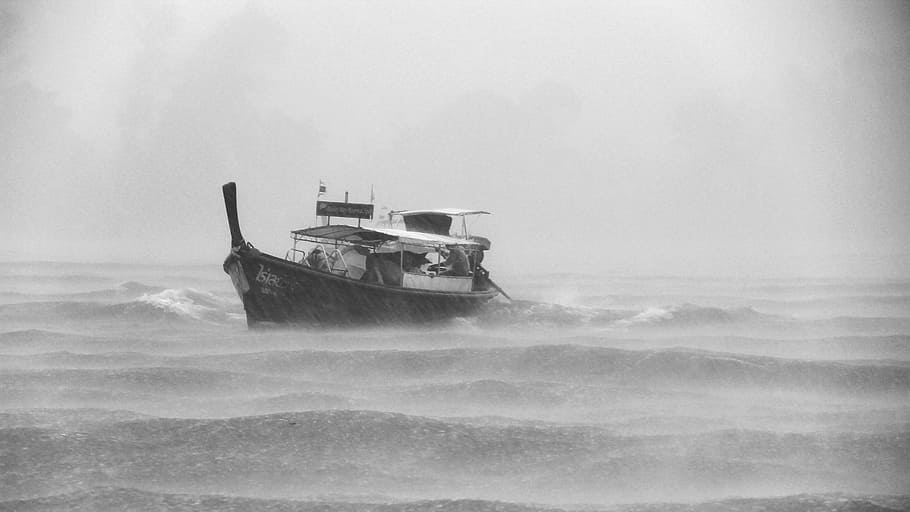 motorboat on wavy sea while raining, gray, scale, illustration HD wallpaper