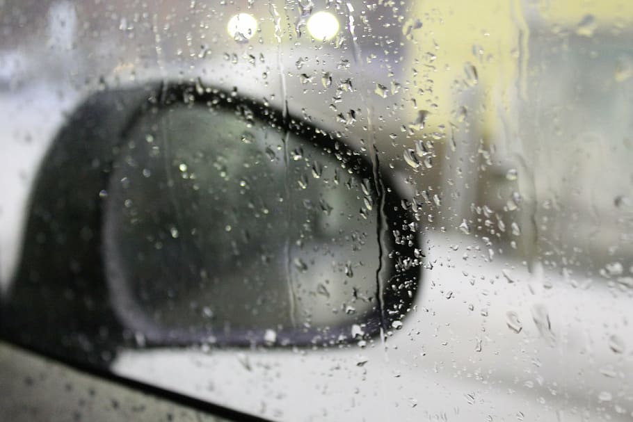 wing mirror with water drops, rain, raindrops, sadness, glass - material HD wallpaper