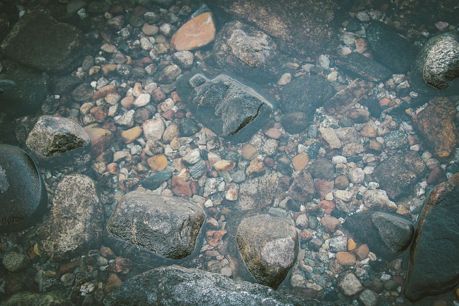 gray and teal surface, black, brown, rocks, stones, water, nature HD wallpaper