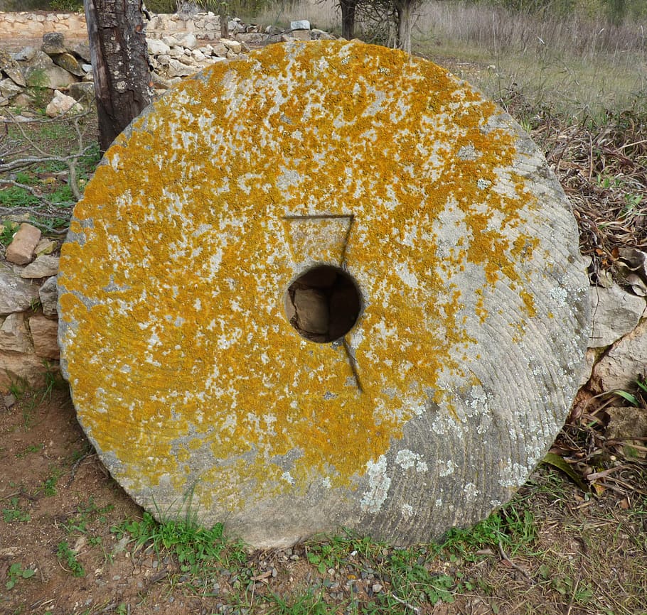 mill wheel, volandera, granite, lichen, oil mill, yellow, no people HD wallpaper