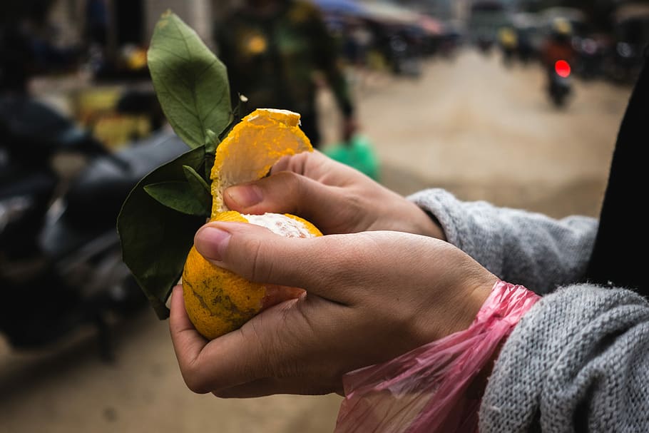 Girl peeling tangerine, citruses, fruit, hands, outside, human Hand HD wallpaper