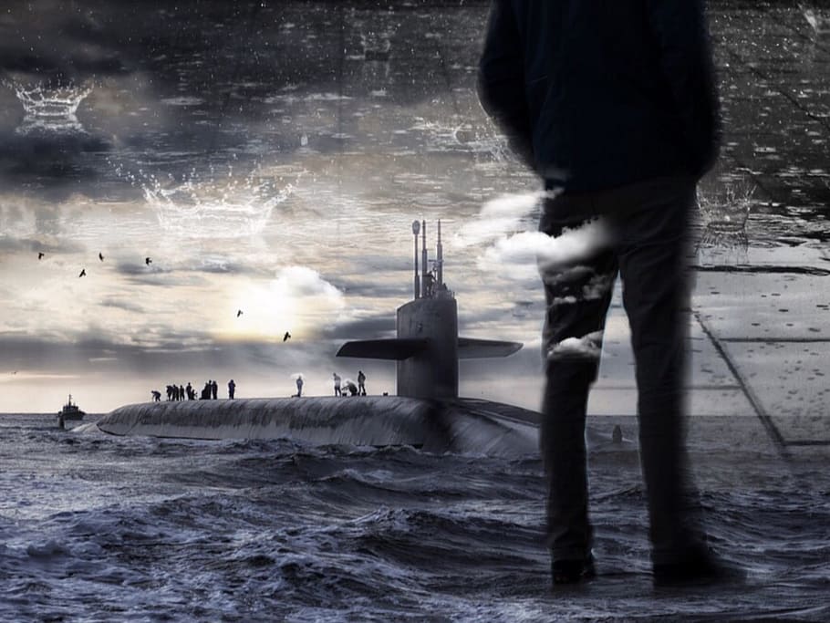 game poster, submarine, manschaft, men, sea, water, sky, clouds, HD wallpaper