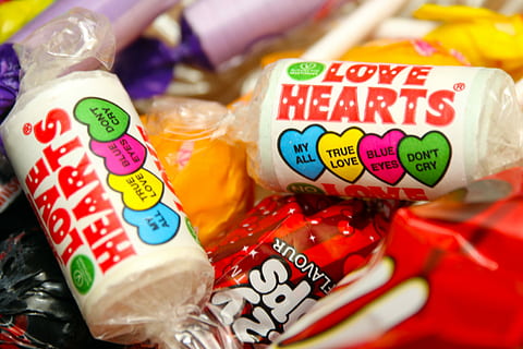 two white plastic packs, white love hearts candy packs, candy heart HD wallpaper
