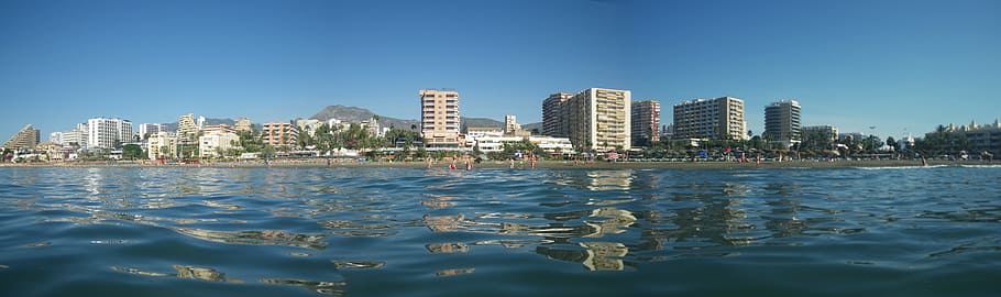 body of water, Spain, Sea, Skyline, Malaga, Benalmadena, architecture, HD wallpaper