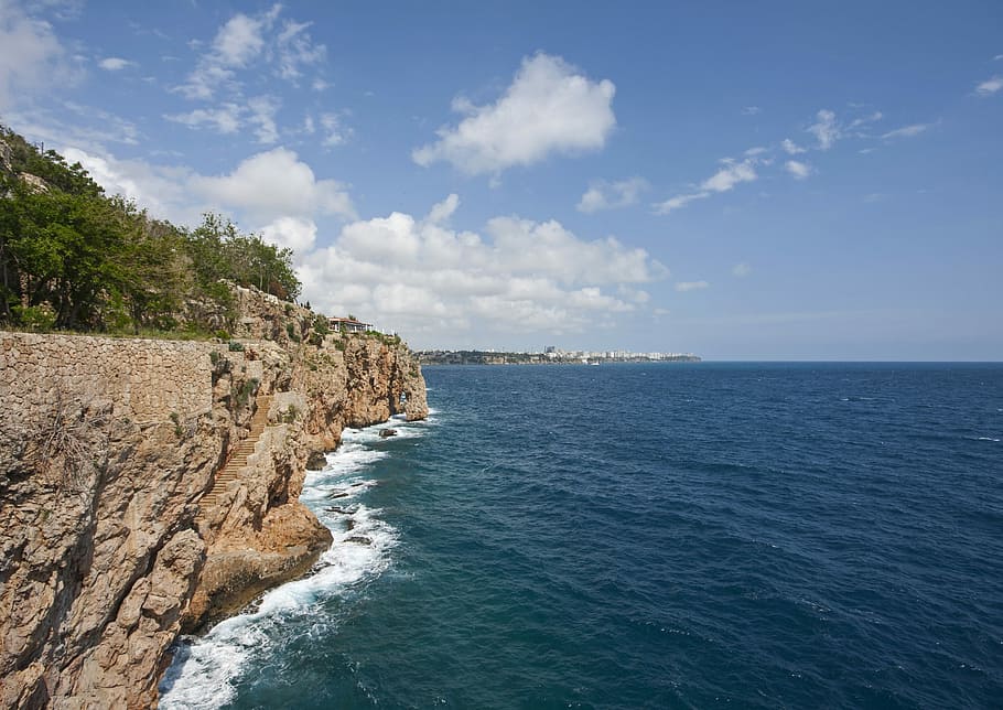 Waves, Peace, Stone, Water, rocky, cliff, blue, beach, coastal HD wallpaper