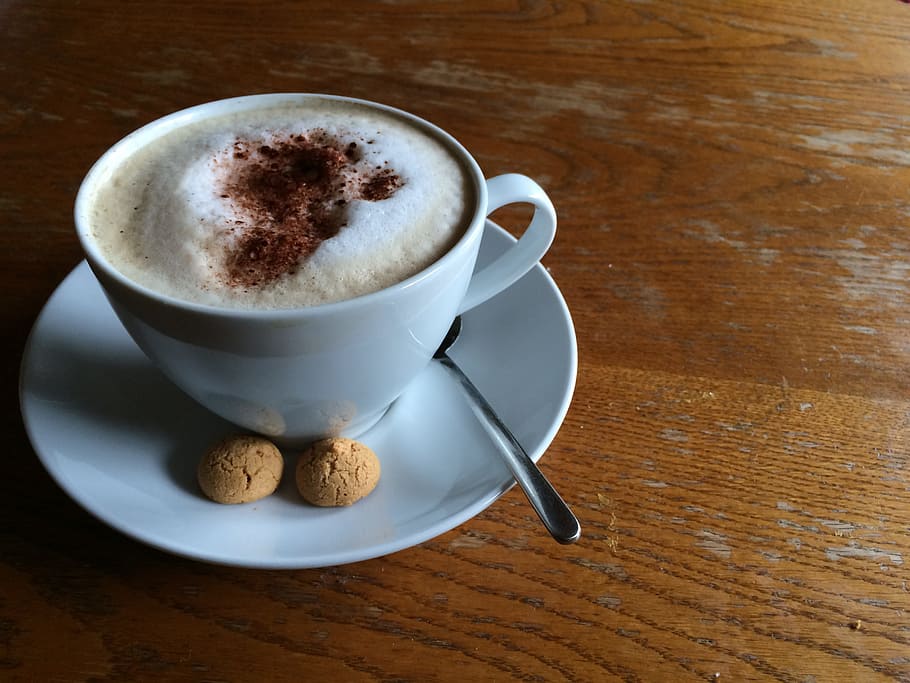 cup of cappuccino on saucer, coffee, foam, cafe, coffee cup HD wallpaper
