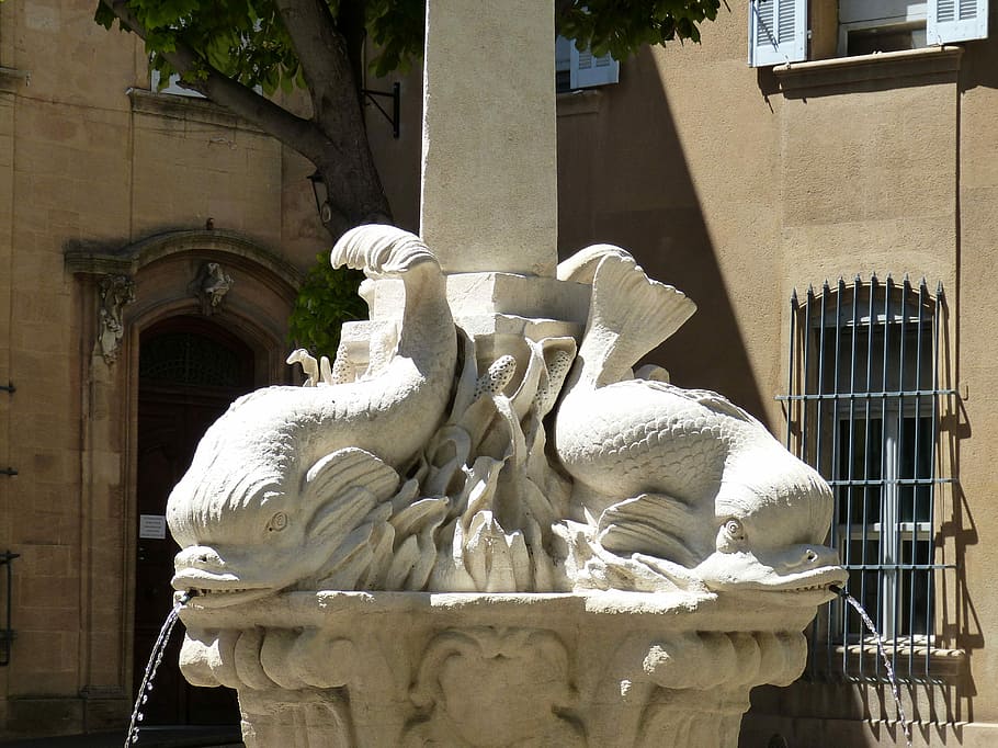 Fountain, Dolphin, Mediterranean, dolphin mediterranean, provence, HD wallpaper