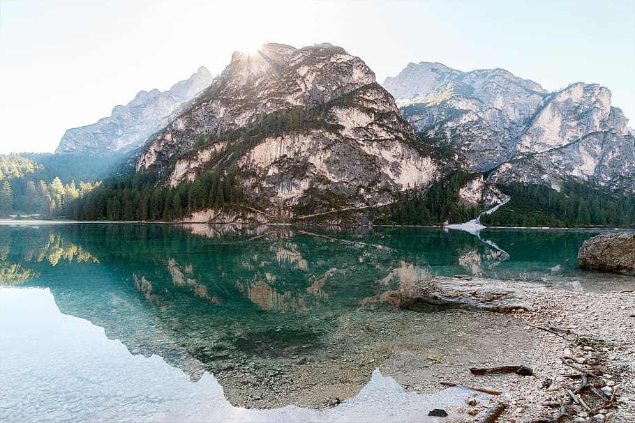 reflection landscape photography of mountain, green leafed tree on mountain HD wallpaper