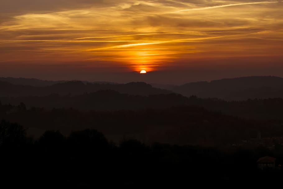 silhouette of mountains on sunset, black mountains at sunset HD wallpaper