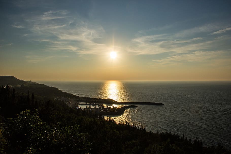 sunset, dusk, sky, clouds, ocean, sea, horizon, coast, landscape HD wallpaper