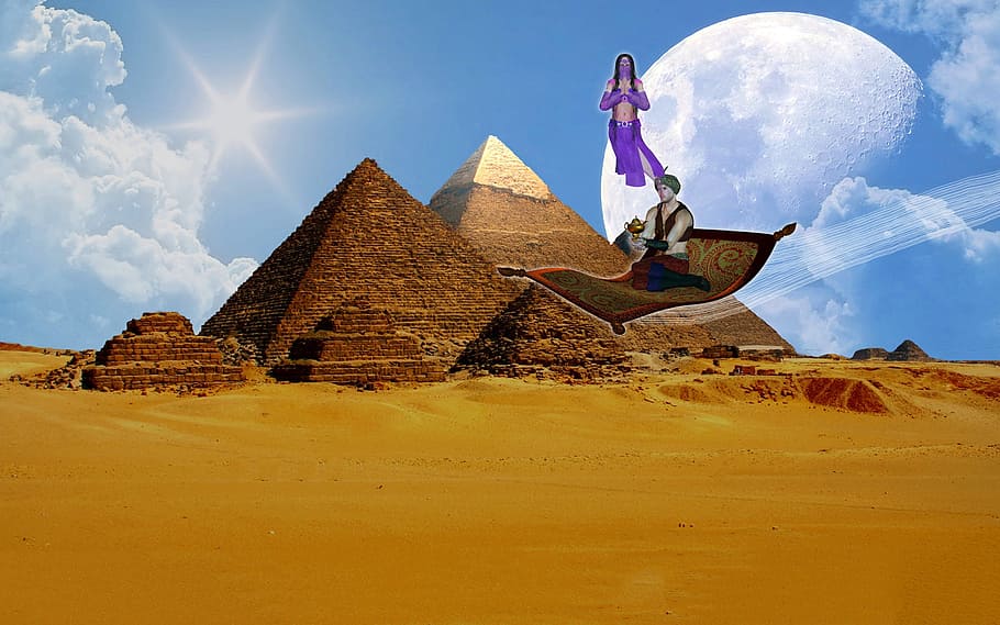 fantasy, aladin, flying carpet, pyramids, fairy tales, mysticism HD wallpaper
