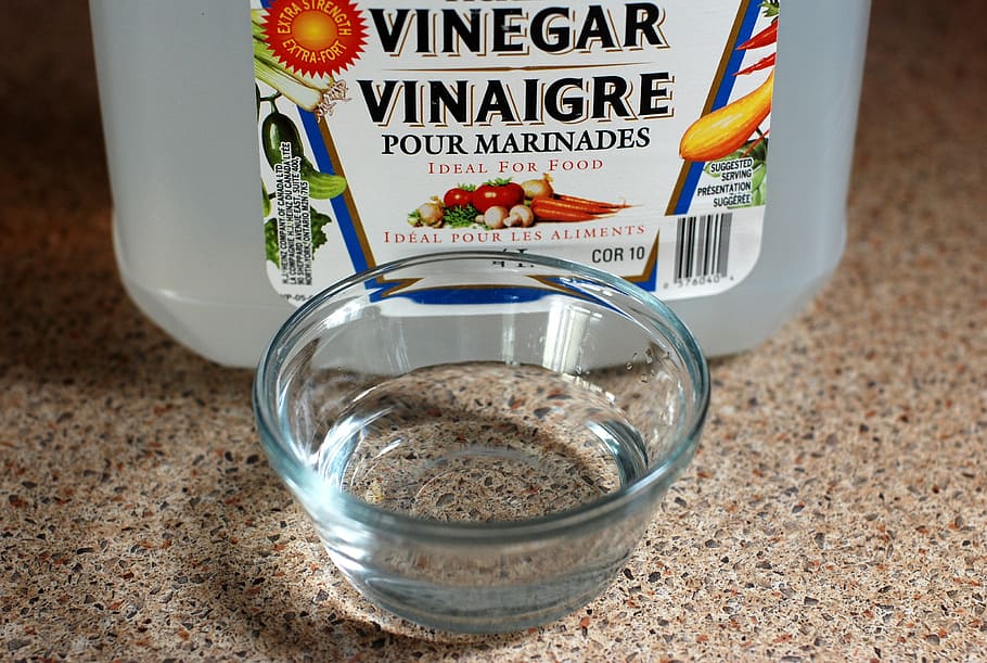 clear glass bowl beside vinegar bottle, cleaning, cleaner, wash