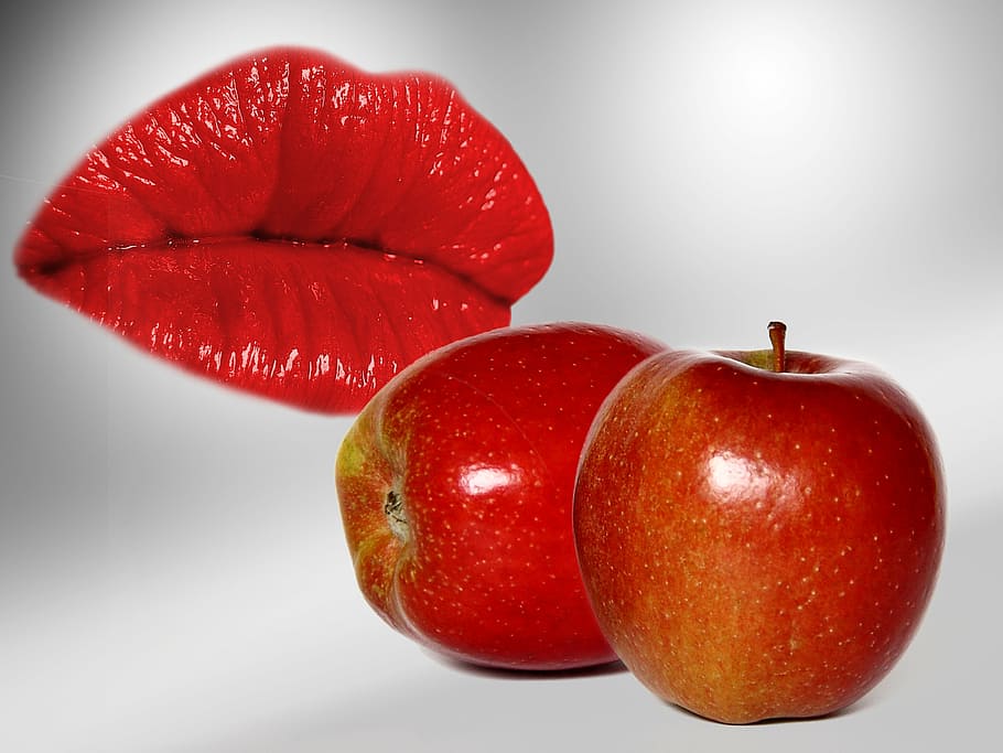 photo of two red honey crisp apples and red lips, fruit, sweet HD wallpaper
