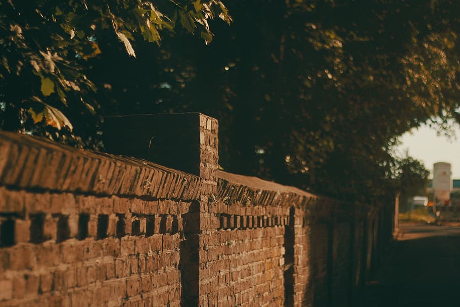 brick, wall, old, aged, brickwork, ancient, trees, exterior HD wallpaper