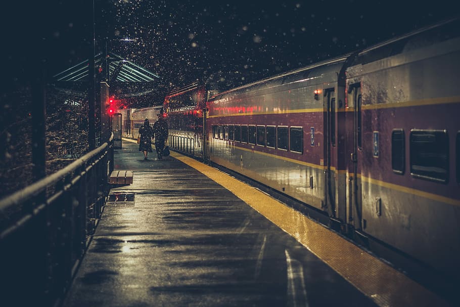 couple walking on train station, grey and red train photography, HD wallpaper