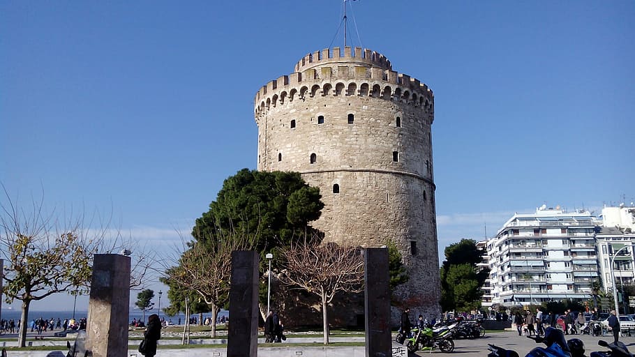gray concrete tower surrounded by trees, Thessalonica, White Tower HD wallpaper