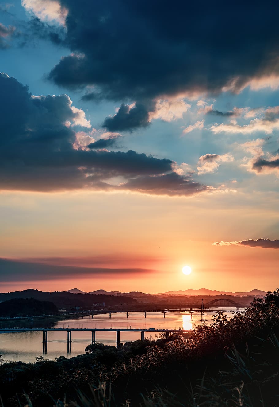 sunset, clouds, twilight, landscape, sunshine, mood, in the evening HD wallpaper