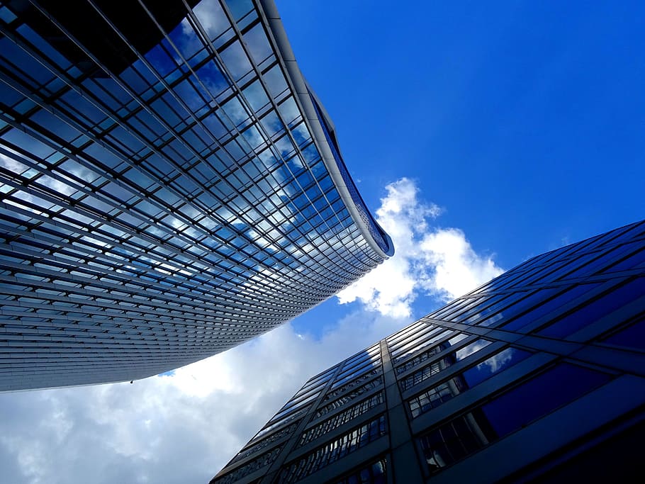 sky, clouds, buildings, glass, architectural design, architecture HD wallpaper