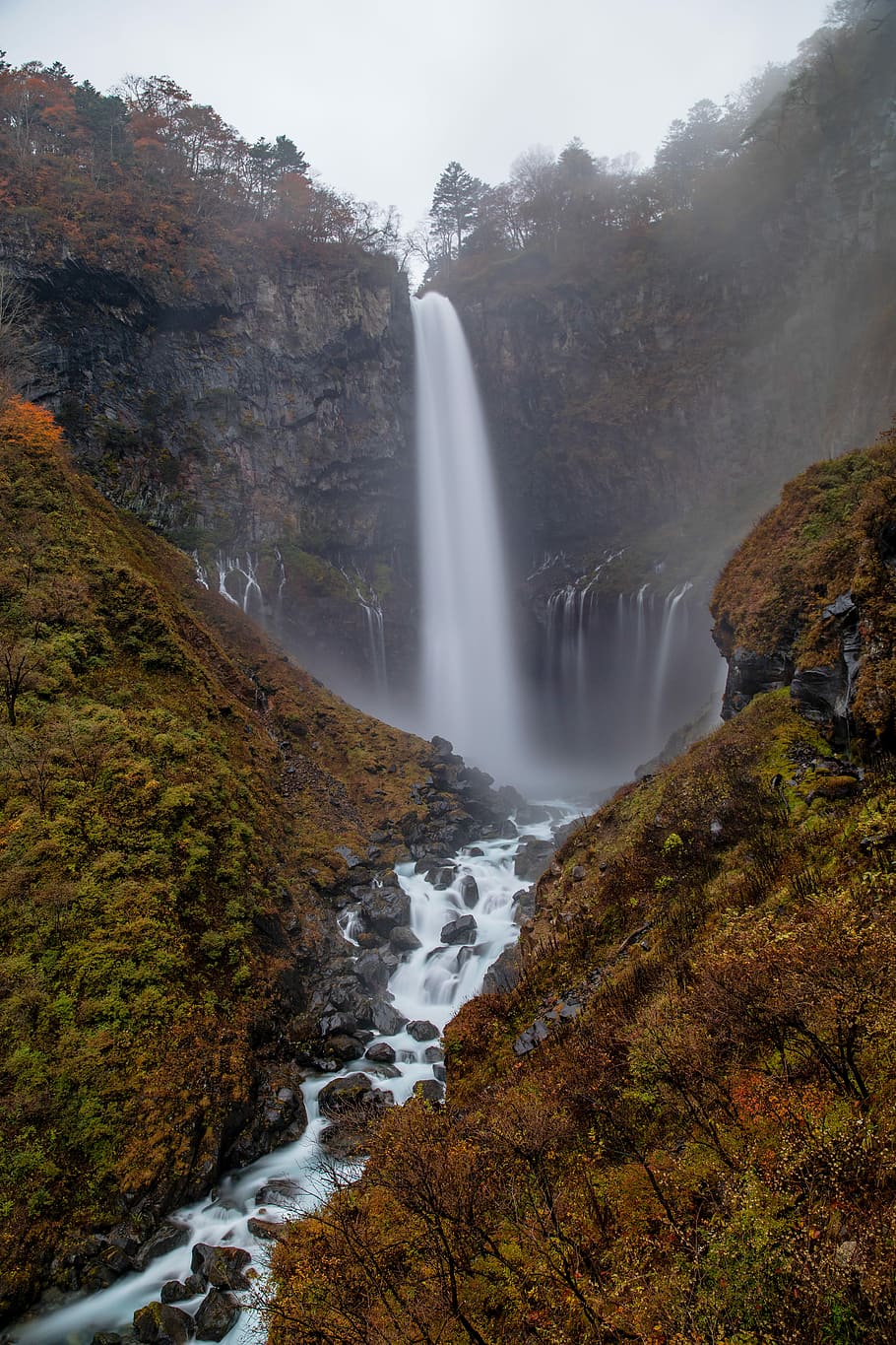 waterfalls surrounded by trees, waterfalls scenery, rock, mountain HD wallpaper