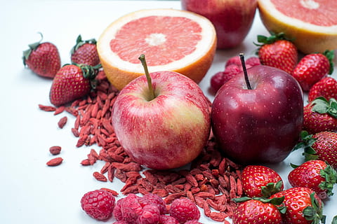 Red apples with other red fruit, fresh, goji, grapefruit, healthy HD wallpaper