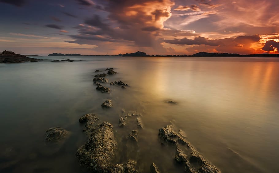 beach, clouds, dawn, dramatic, dusk, evening, island, landscape HD wallpaper