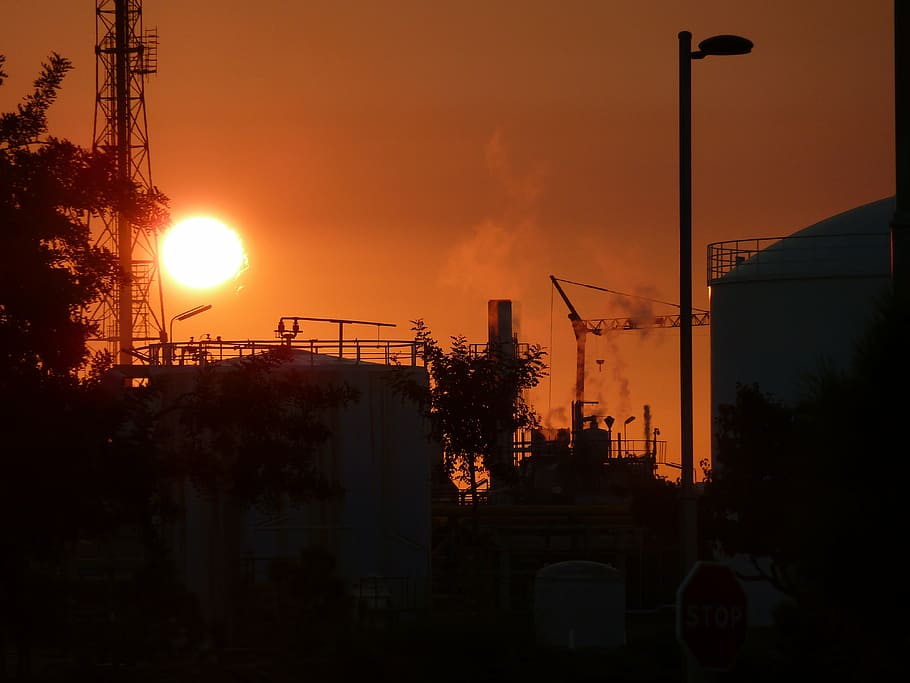 factory, plant, smoke, sun, refinery, sunset, sky, architecture HD wallpaper