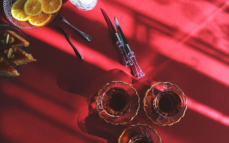 red, tablecloth, drinks, shots, dessert, orange, slices, fruits HD wallpaper