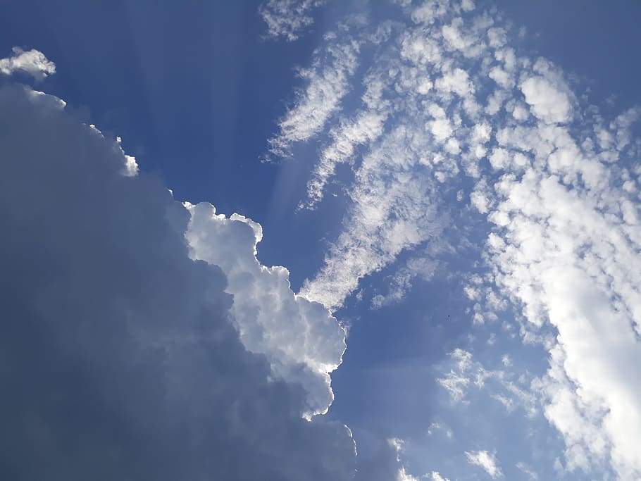 clouds, sky, sun, blue, white, cotton, rays, summer, light HD wallpaper