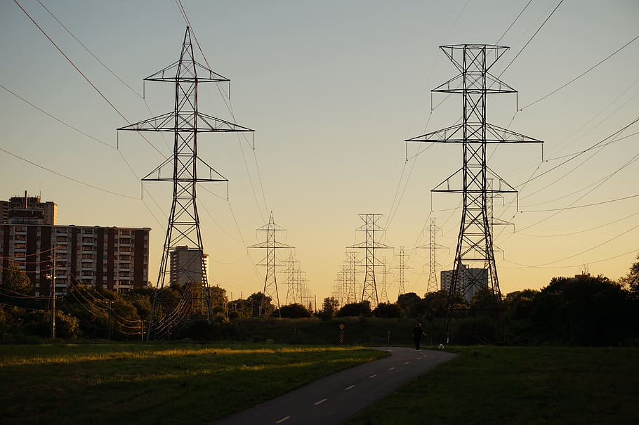 silhouette of transmissions lines, Power, Line, Electricity, Toronto, HD wallpaper