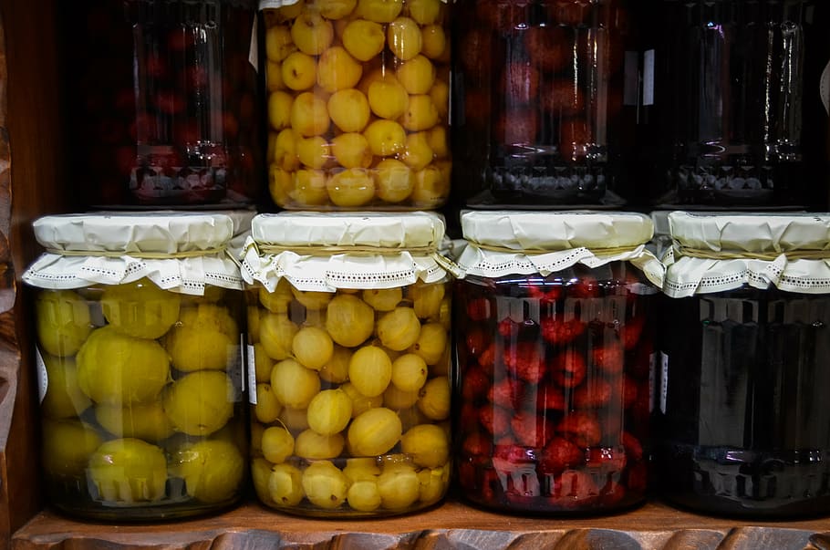 variety of pickle jars, compote, preparations, fruit, jam, natural food HD wallpaper