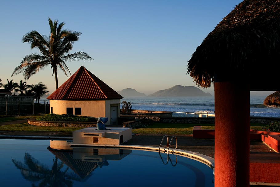 Mexico, Pool, Swim, Sunset, Palms, holiday, palm tree, water HD wallpaper