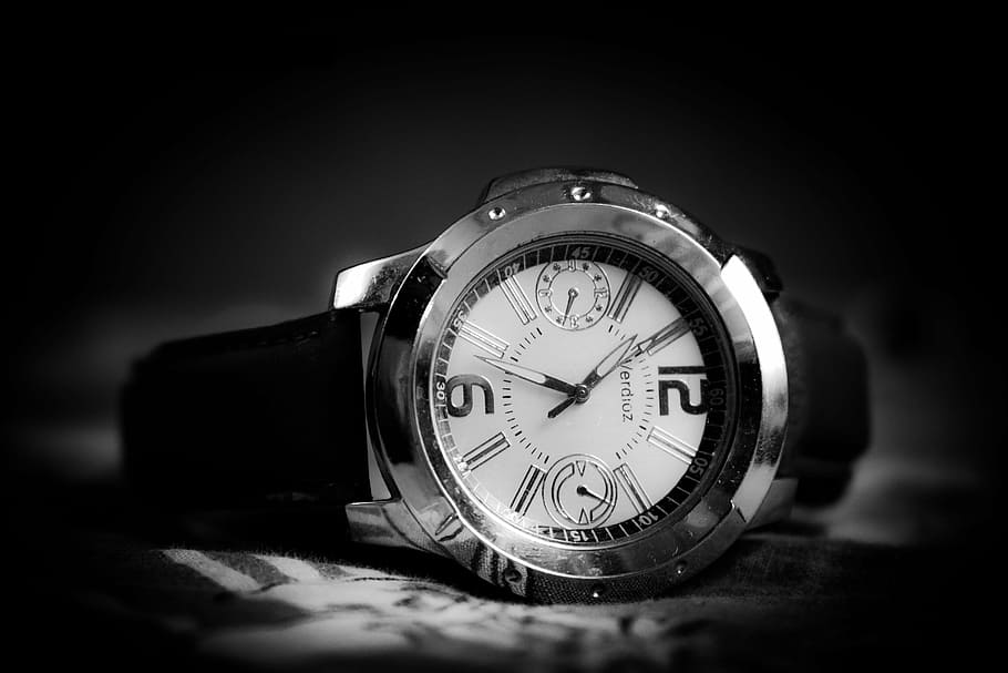 grayscale photography of analog watch, time, clock, number, minute