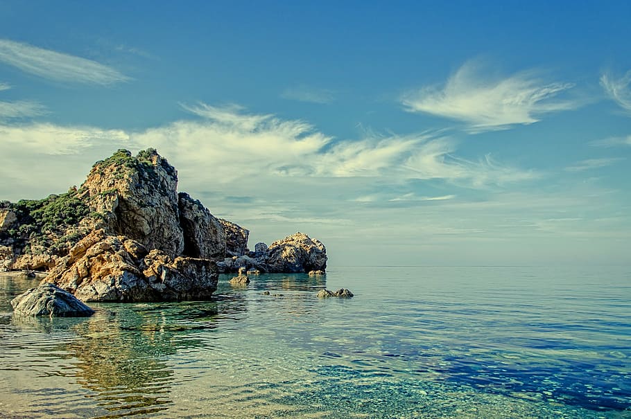 gray rock formation, grey, beside, blue, sea, white, sky, ocean HD wallpaper