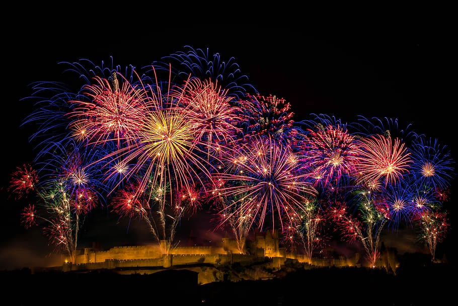 fireworks display during night time, fireworks display, castle HD wallpaper