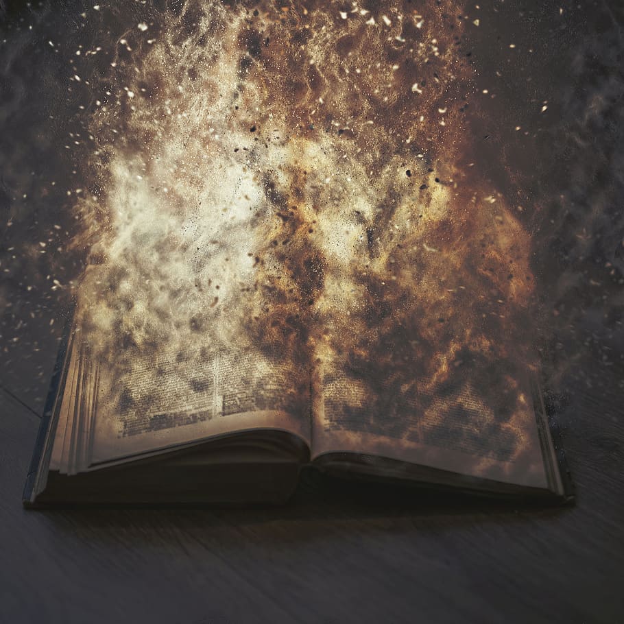burning book illustration, pages, sheet, novel, letters, fire