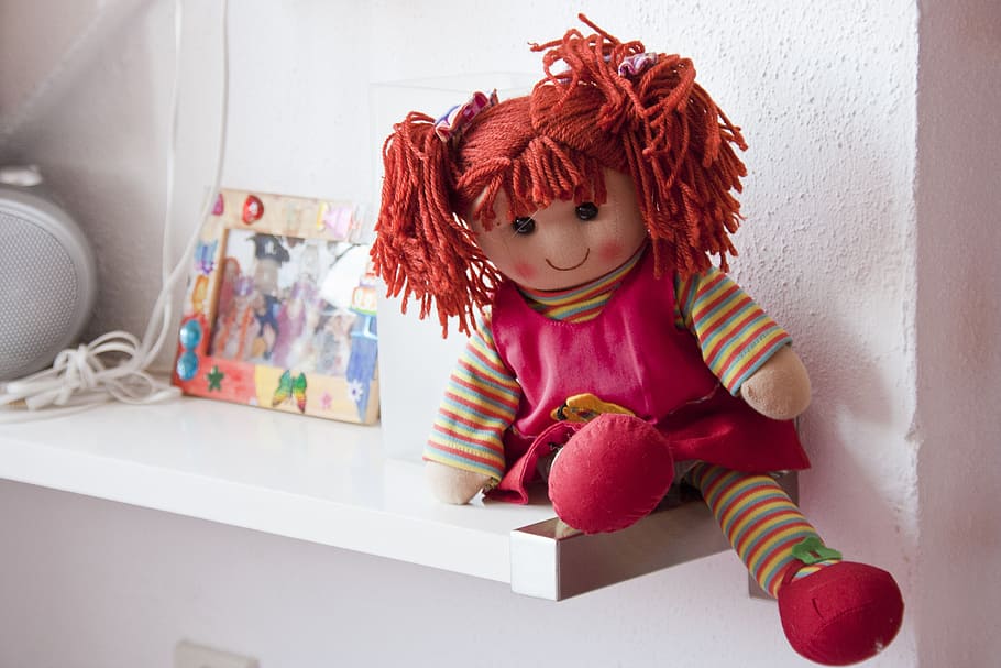 girl in red dress doll on shelf, pop, rag doll, toys, childhood, HD wallpaper