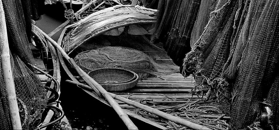 fisherman, boat, river, no people, day, industry, rope, fishing net HD wallpaper