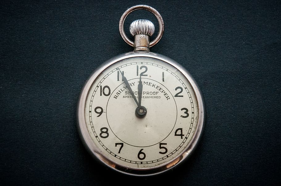 silver Railway Timekeeper pocket watch at 11:55, time of, old, HD wallpaper
