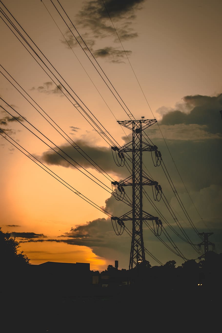 dawn, landscape, sky, sunset, cable, clouds, danger, electricity HD wallpaper