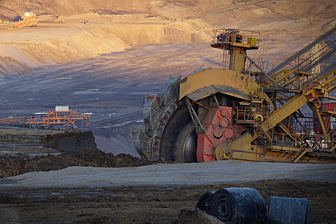 yellow, red, and black heavy duty equipment, excavator, wheel HD wallpaper
