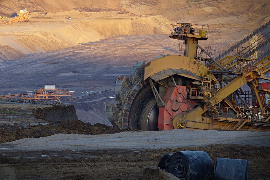 yellow, red, and black heavy duty equipment, excavator, wheel HD wallpaper