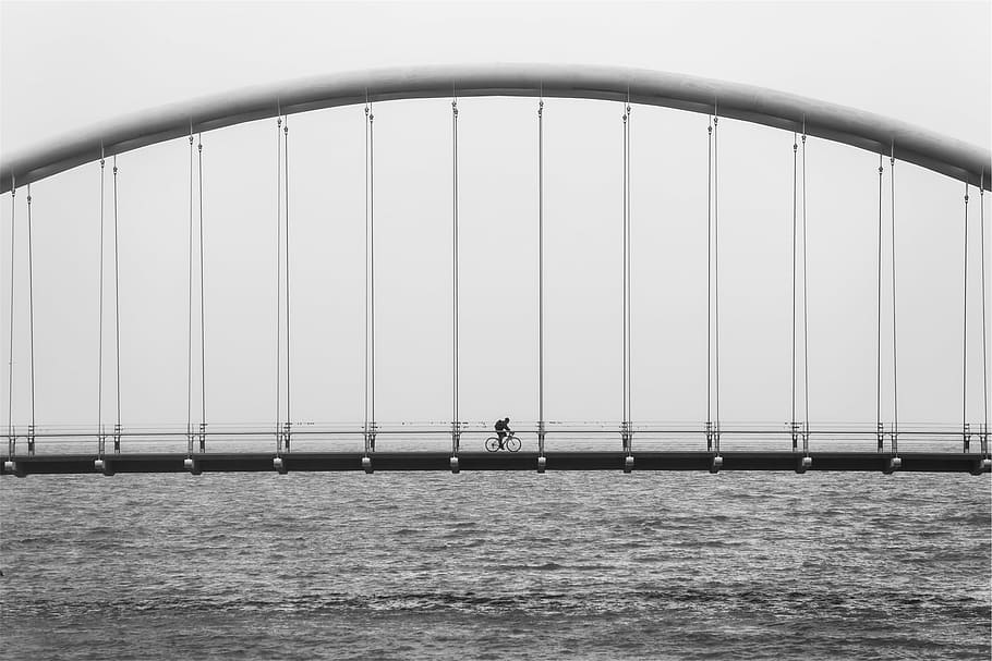 gray suspension bridge, person, biking, grayscale, photograph HD wallpaper