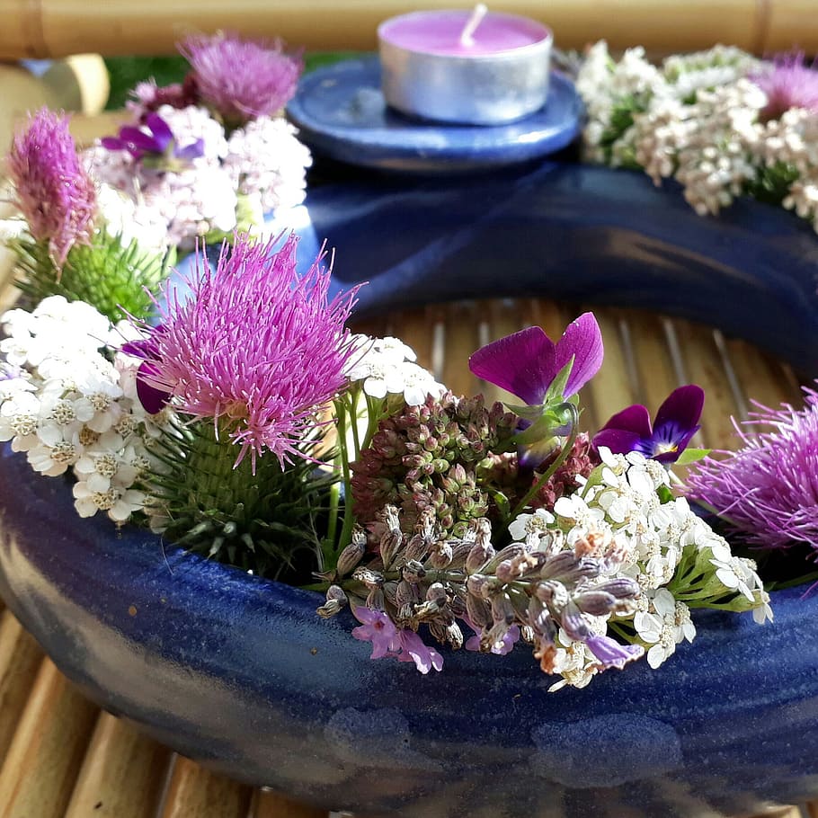 flower ring, flowers, ceramic, candle, summer flowers, wild flowers HD wallpaper
