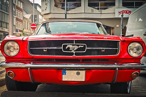 red Ford Mustang Fastback parked on gray road, auto, oldtimer HD wallpaper